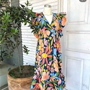 Fate Floral Midi Dress in Navy with Pink, Peach & Navy